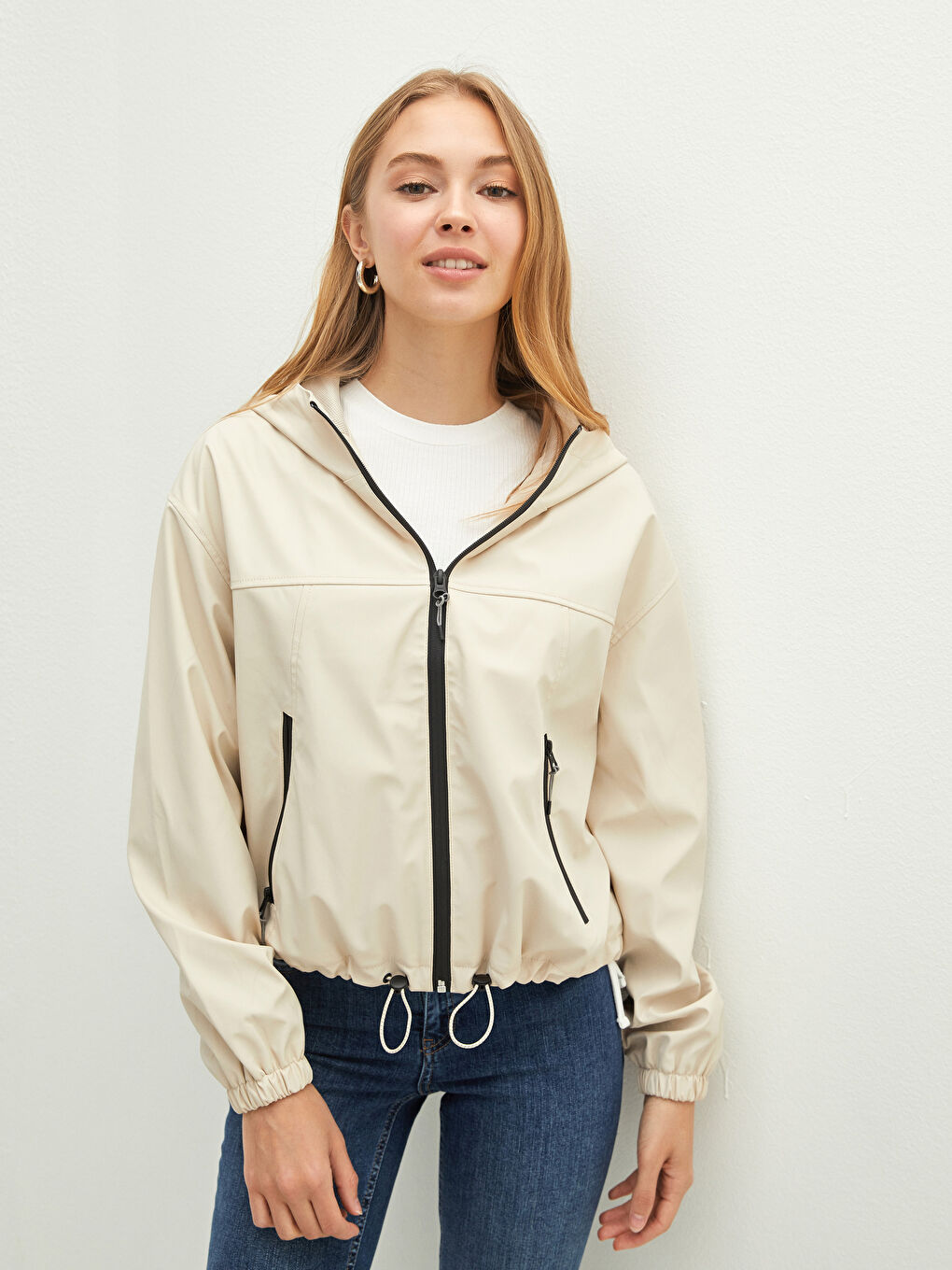 Hooded Collar Regular Long Sleeve Zippered Women's Raincoat-1