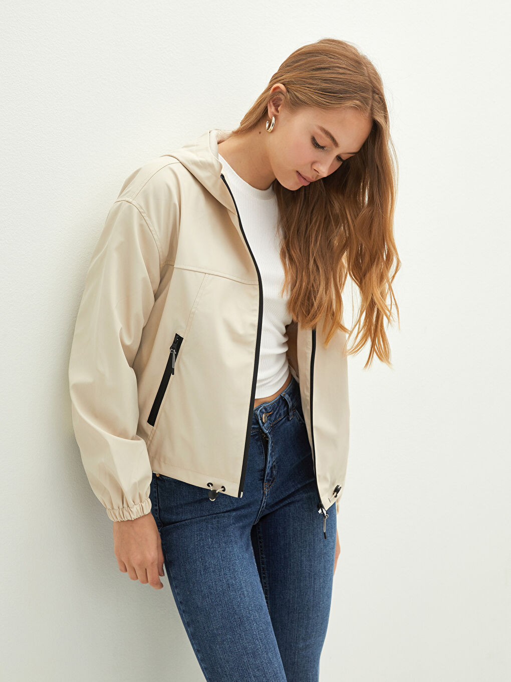 Hooded Collar Regular Long Sleeve Zippered Women's Raincoat-2