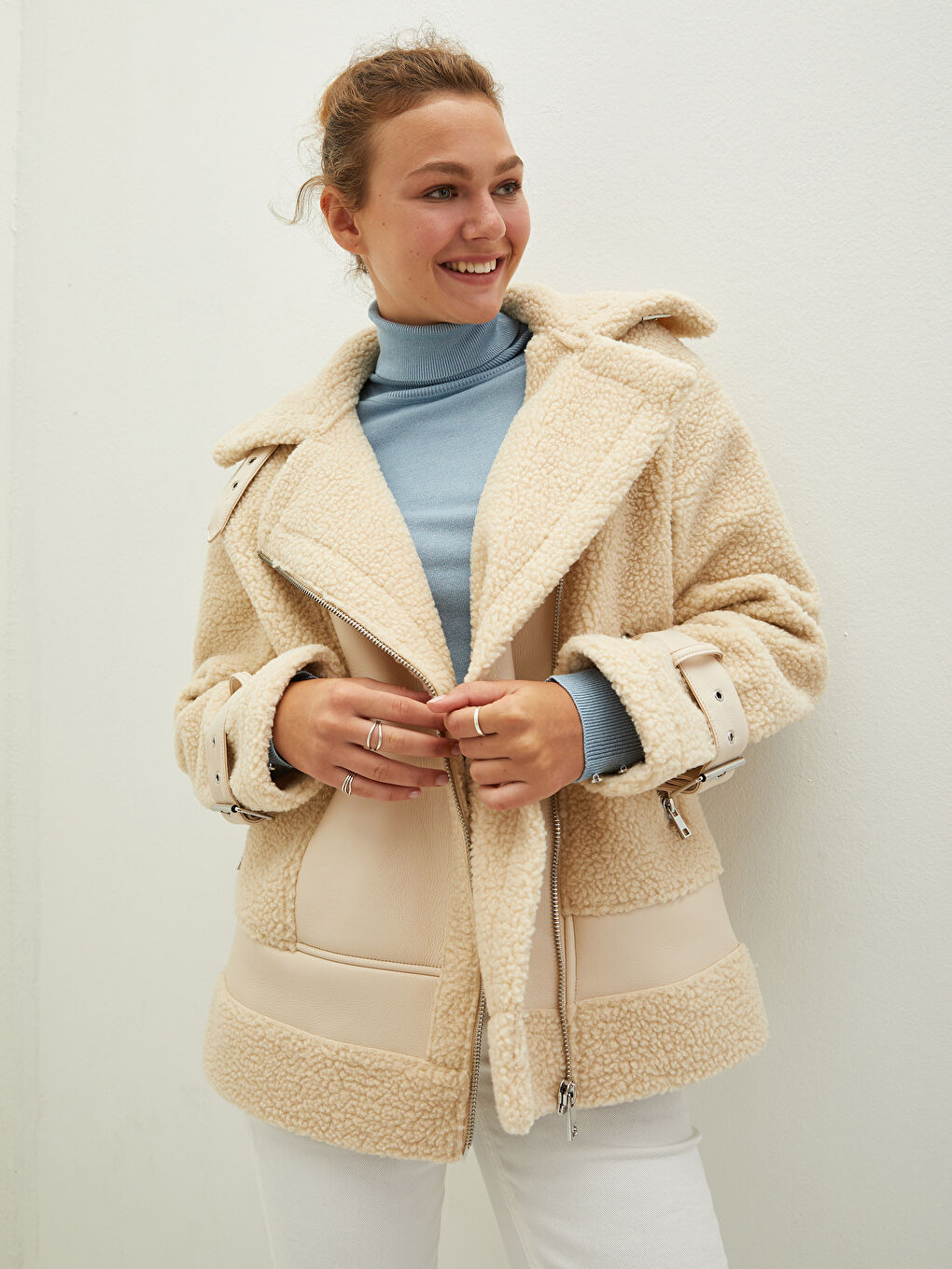 Manteaux en Suède pour Femmes à Col de Chemise et Manches Longues avec Fermeture Éclair-1