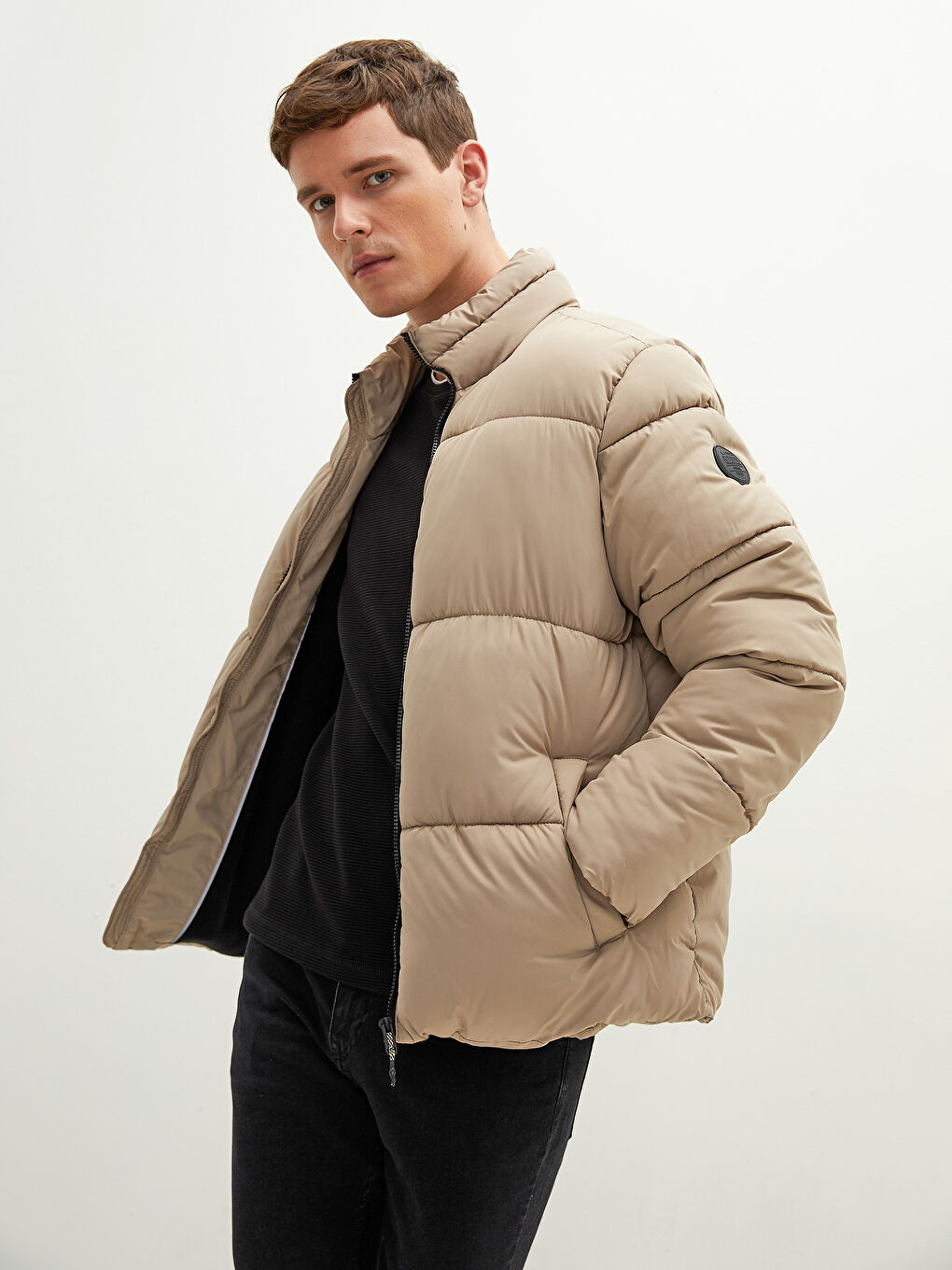 Bej Bol Fit Dik Yaka Kalın Erkek Şişme Mont-1