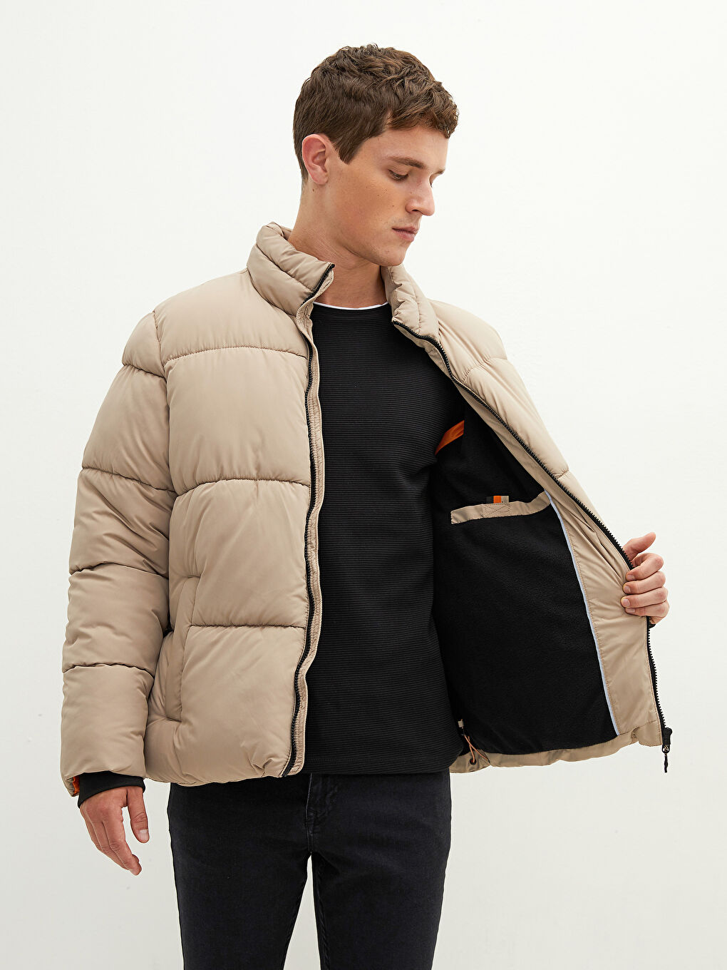 Bej Bol Fit Dik Yaka Kalın Erkek Şişme Mont-2