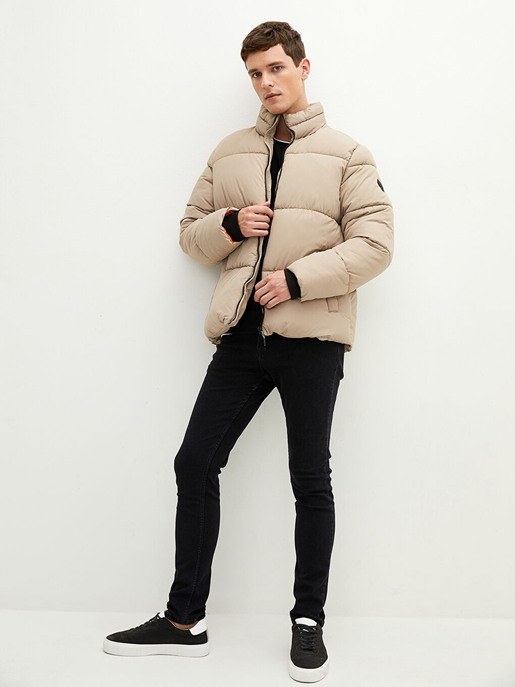 Bej Bol Fit Dik Yaka Kalın Erkek Şişme Mont-3