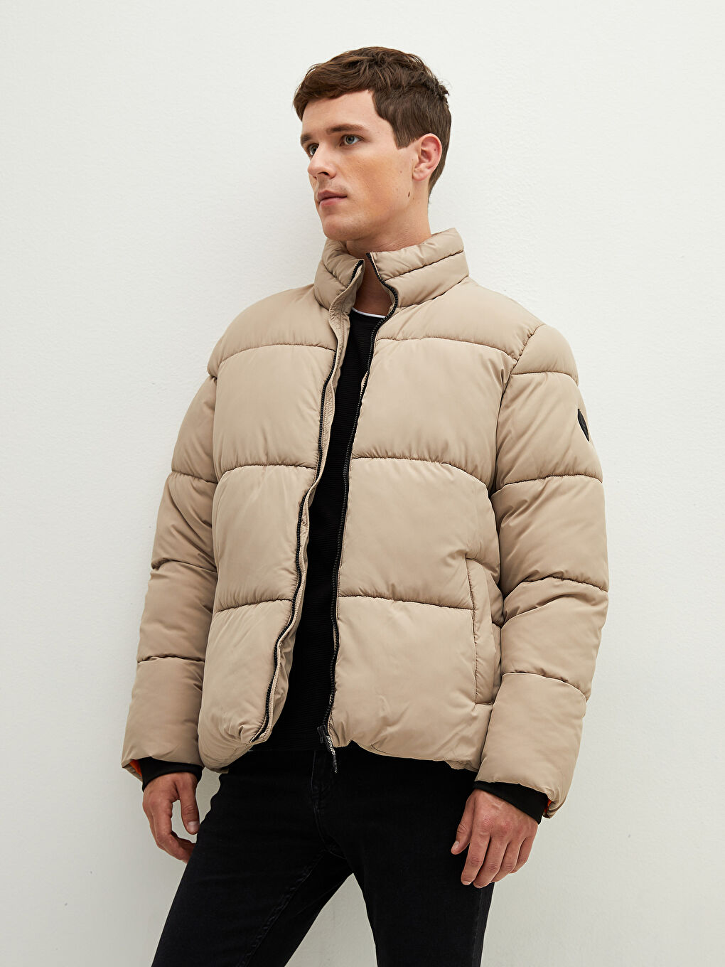 Bej Bol Fit Dik Yaka Kalın Erkek Şişme Mont-5