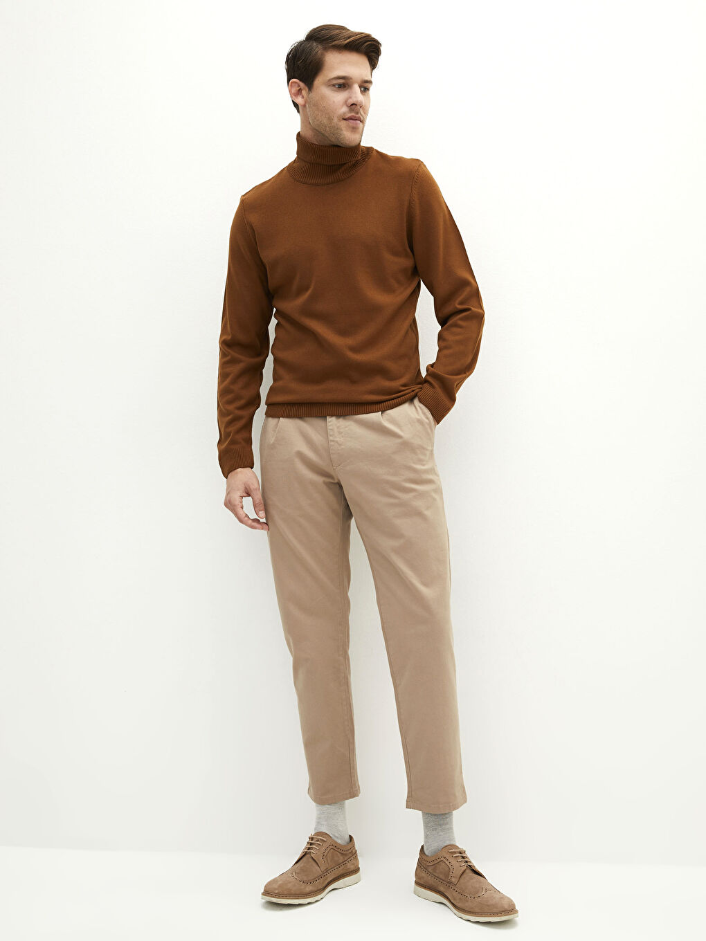 Kahverengi Balıkçı Yaka Uzun Kollu İnce Erkek Triko Kazak-2