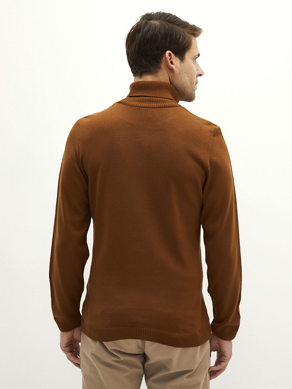 Kahverengi Balıkçı Yaka Uzun Kollu İnce Erkek Triko Kazak-4