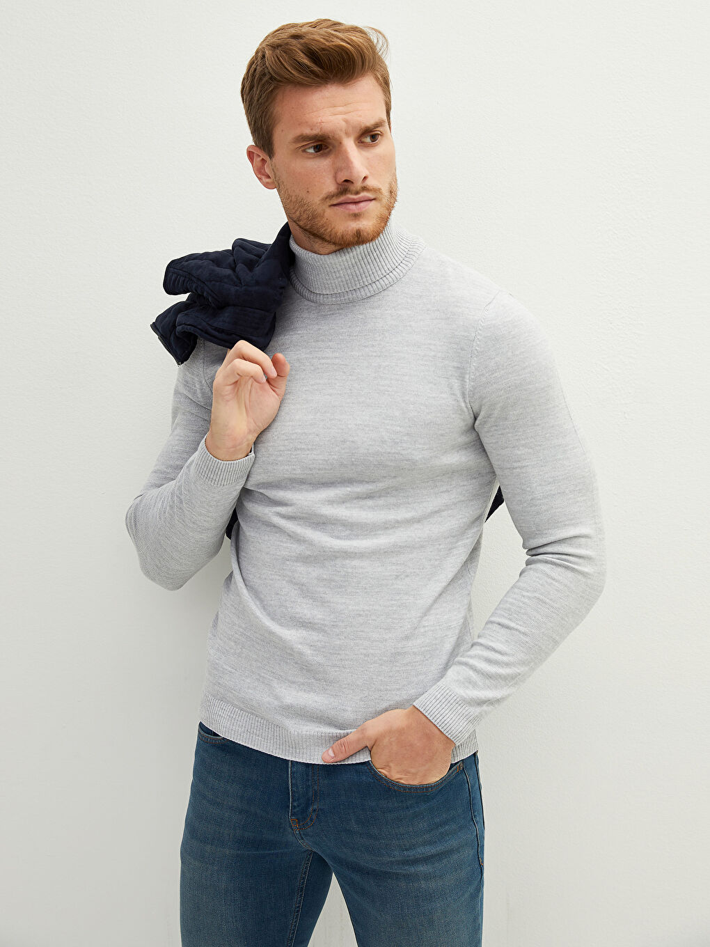 سترة تريكو كم طويل رفيع ياقة هاي نيك للرجال