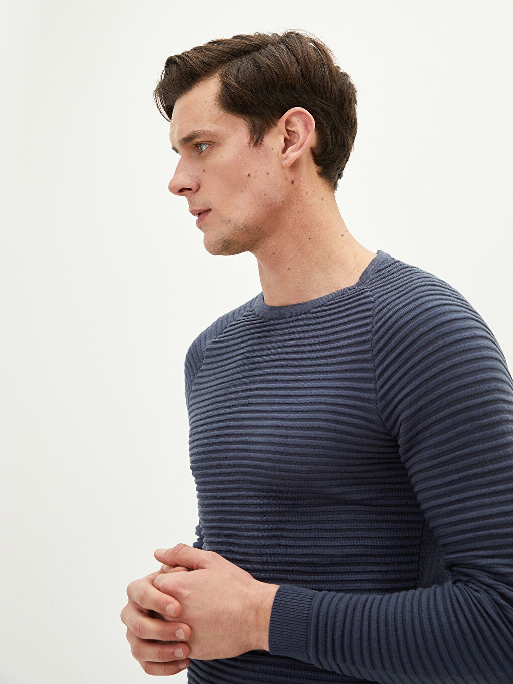 Mavi Bisiklet Yaka Uzun Kollu Çizgili İnce Erkek Triko Kazak