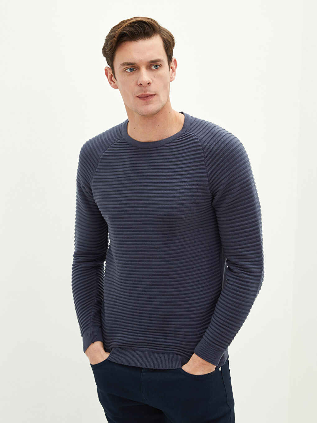 Mavi Bisiklet Yaka Uzun Kollu Çizgili İnce Erkek Triko Kazak-1