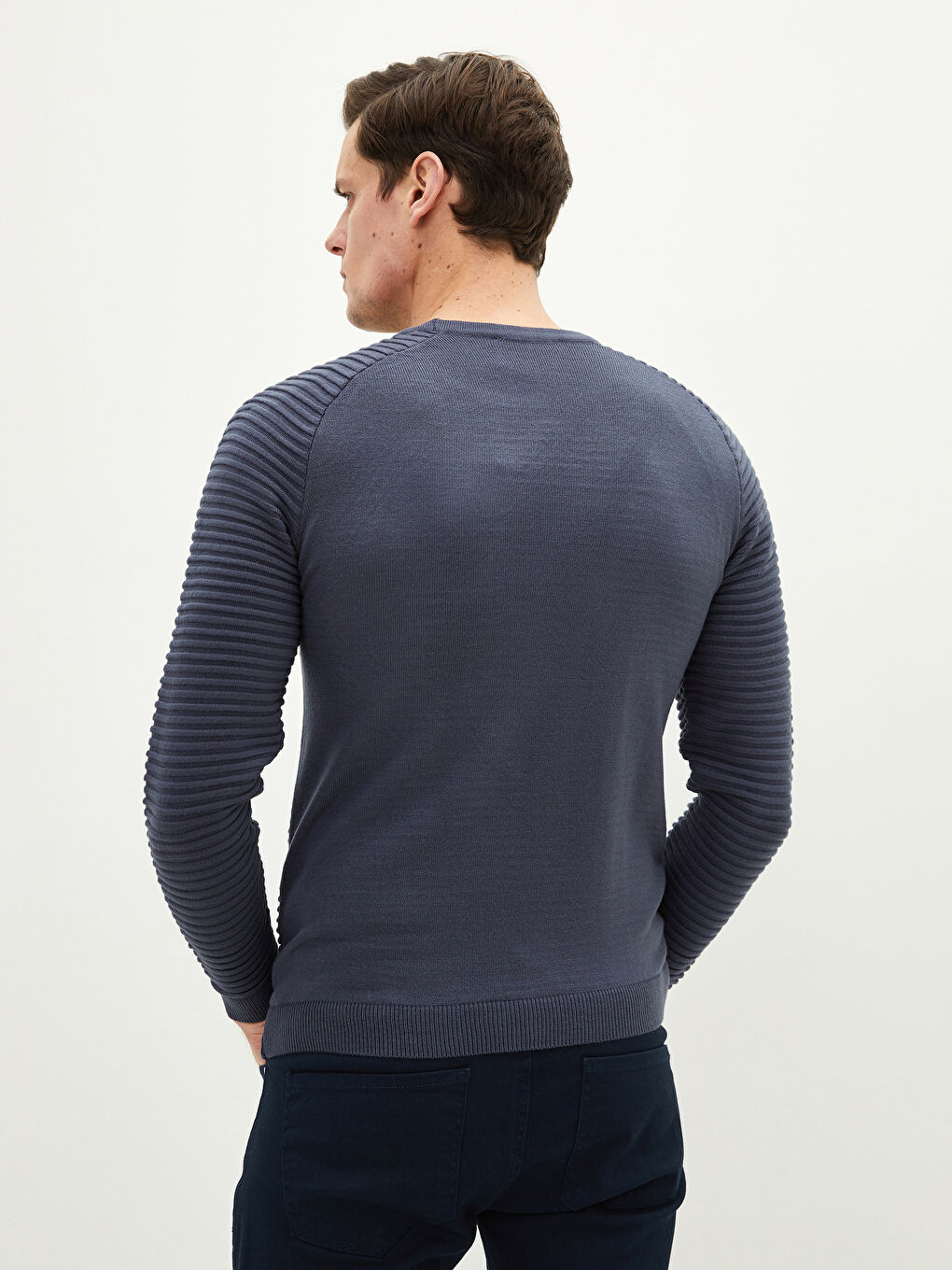 Mavi Bisiklet Yaka Uzun Kollu Çizgili İnce Erkek Triko Kazak-4