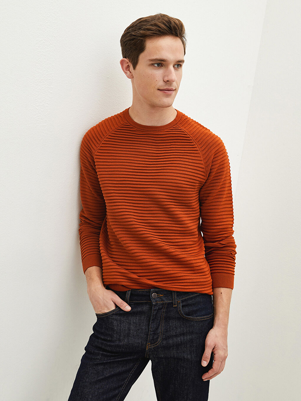 Crew Neck Long Sleeve Striped Slim Men's Knitwear Sweater-2