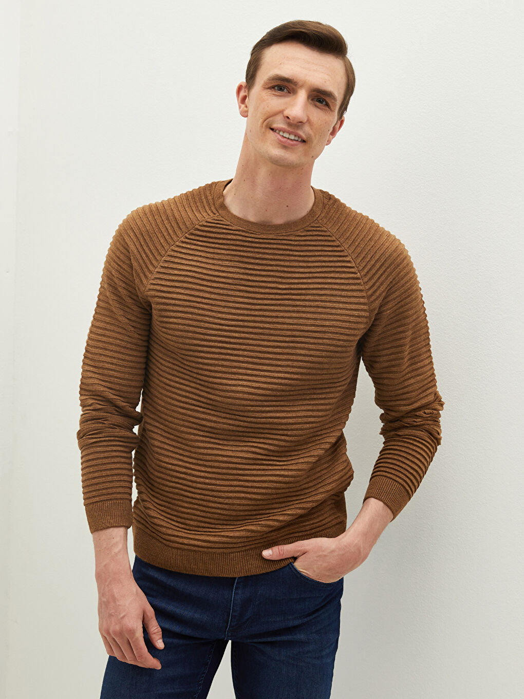 Crew Neck Long Sleeve Striped Slim Men's Knitwear Sweater