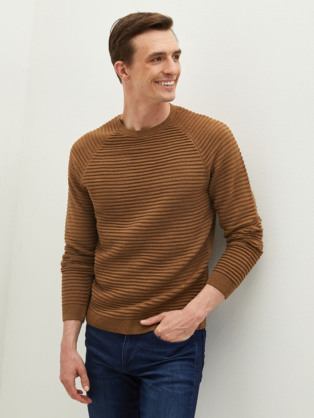 Crew Neck Long Sleeve Striped Slim Men's Knitwear Sweater-2