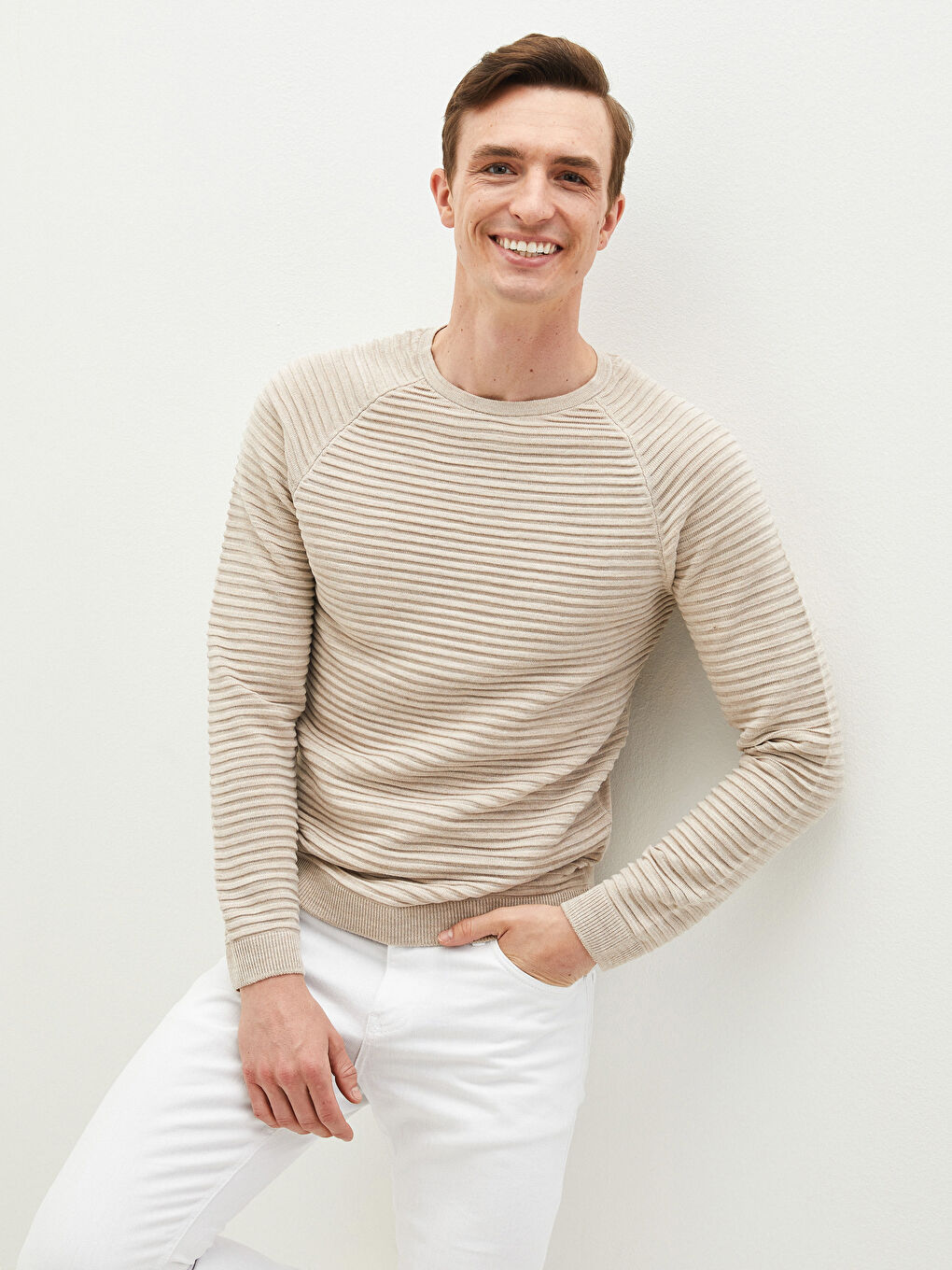 Rundhalsausschnitt Langarm Gestreift Schlank Herren Strickpullover