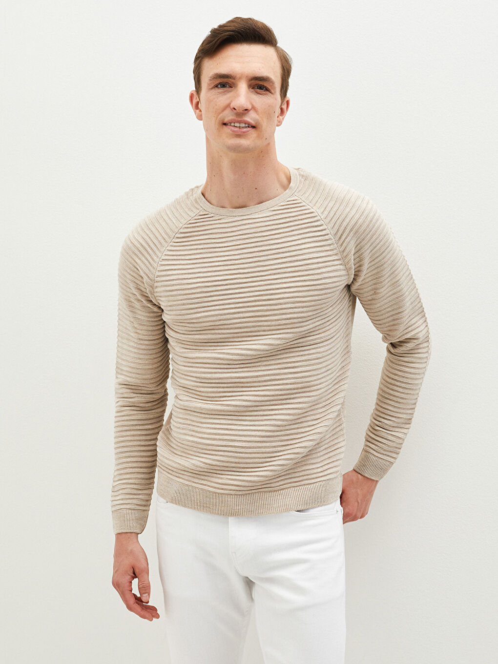 Rundhalsausschnitt Langarm Gestreift Schlank Herren Strickpullover-1