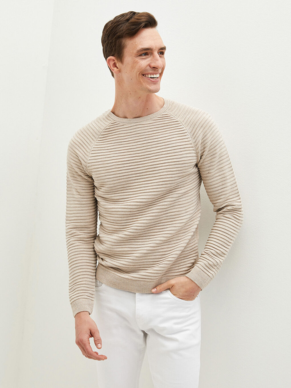 Rundhalsausschnitt Langarm Gestreift Schlank Herren Strickpullover-2