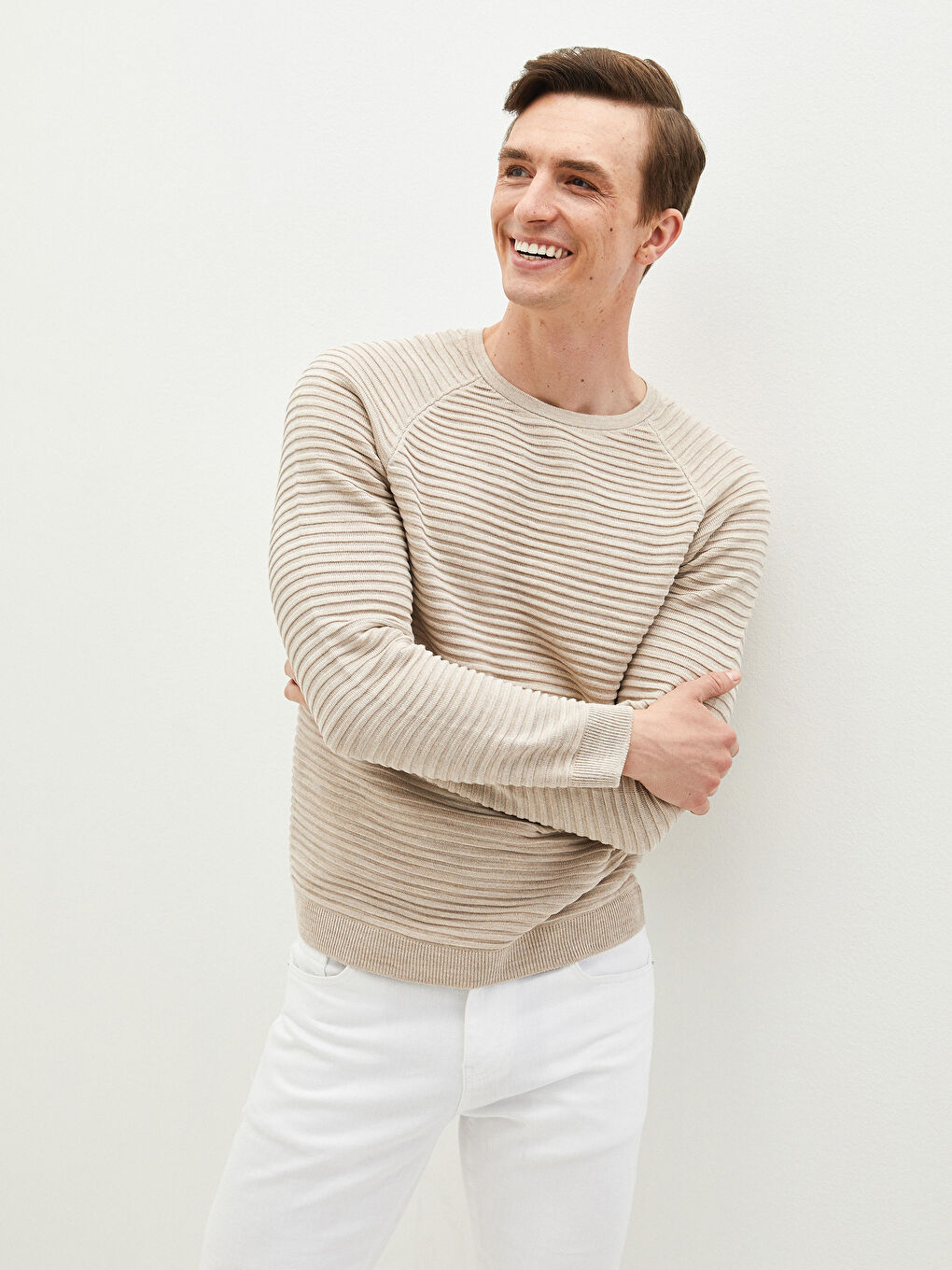 Rundhalsausschnitt Langarm Gestreift Schlank Herren Strickpullover-3