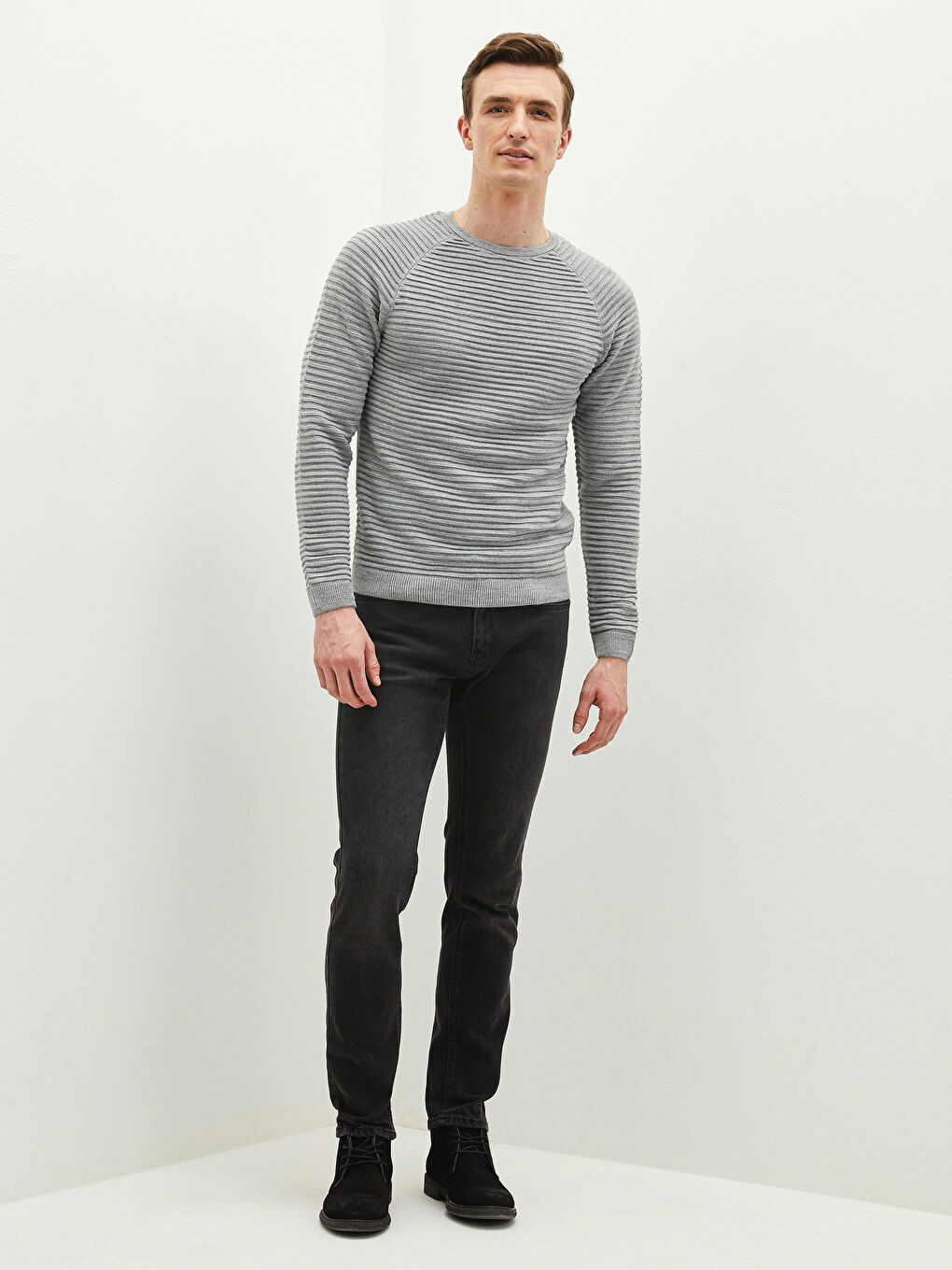 Gri Bisiklet Yaka Uzun Kollu Çizgili İnce Erkek Triko Kazak-3