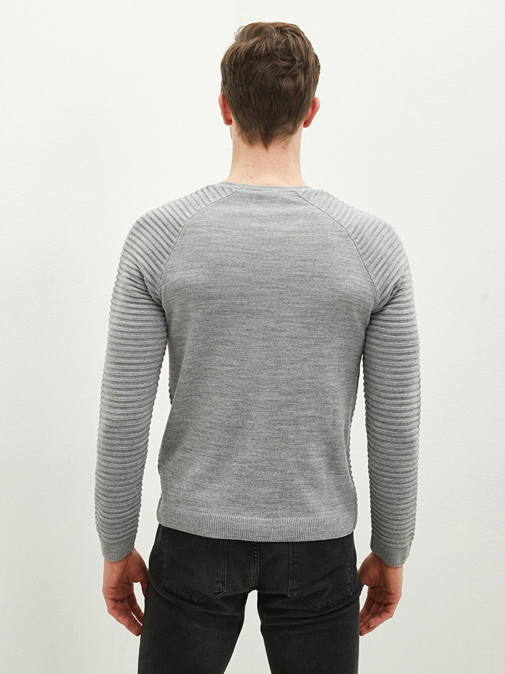 Gri Bisiklet Yaka Uzun Kollu Çizgili İnce Erkek Triko Kazak-4