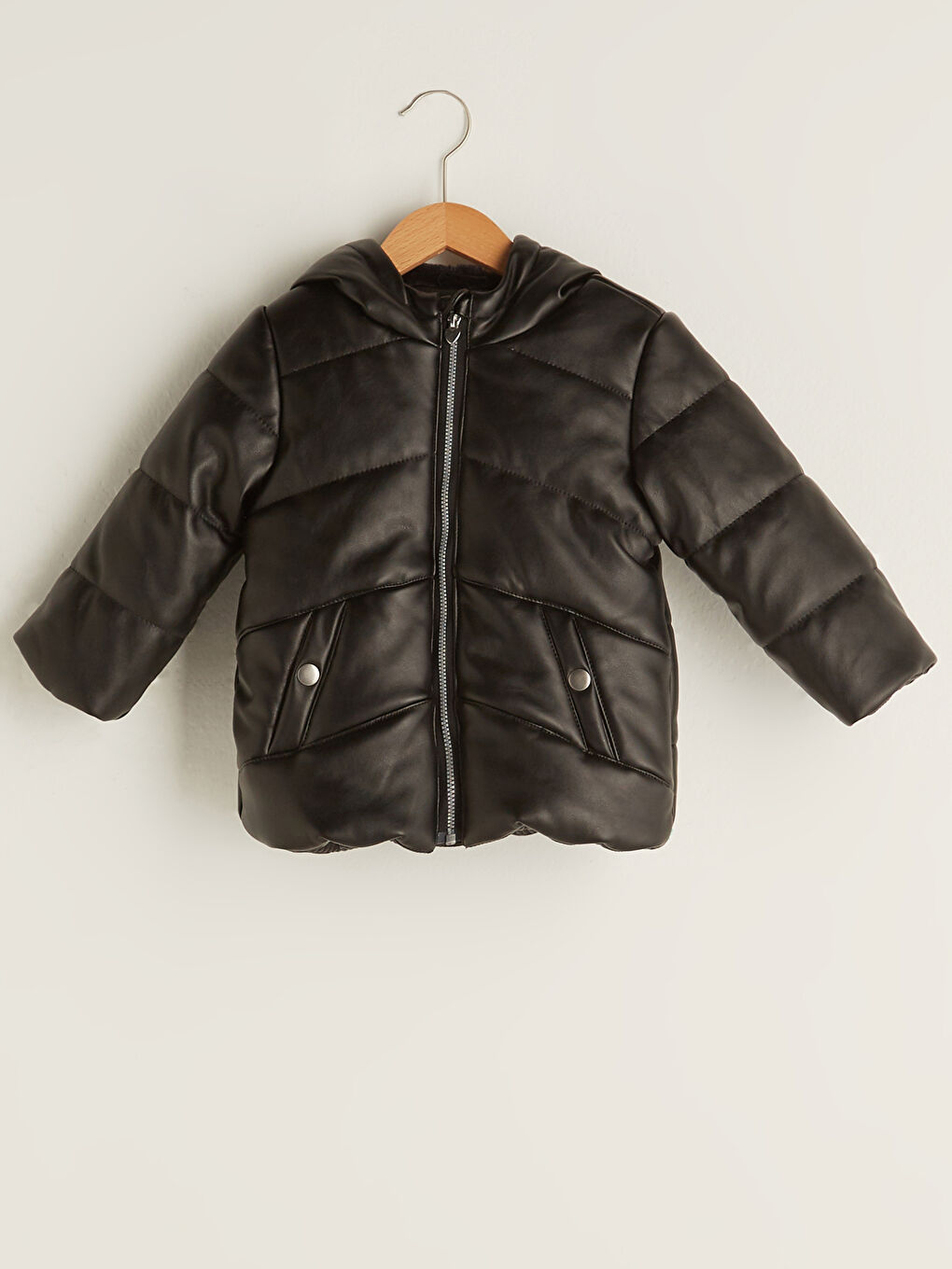 Antrasit Kapüşonlu Uzun Kollu Basic Kız Bebek Fermuarlı Şişme Mont-4