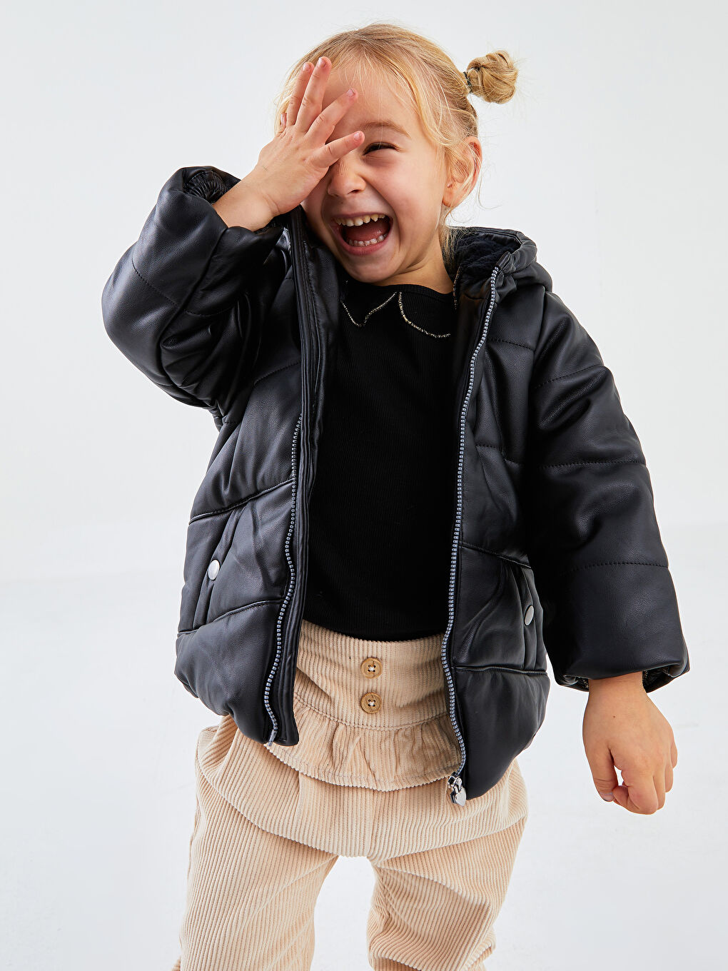 Antrasit Kapüşonlu Uzun Kollu Basic Kız Bebek Fermuarlı Şişme Mont-2