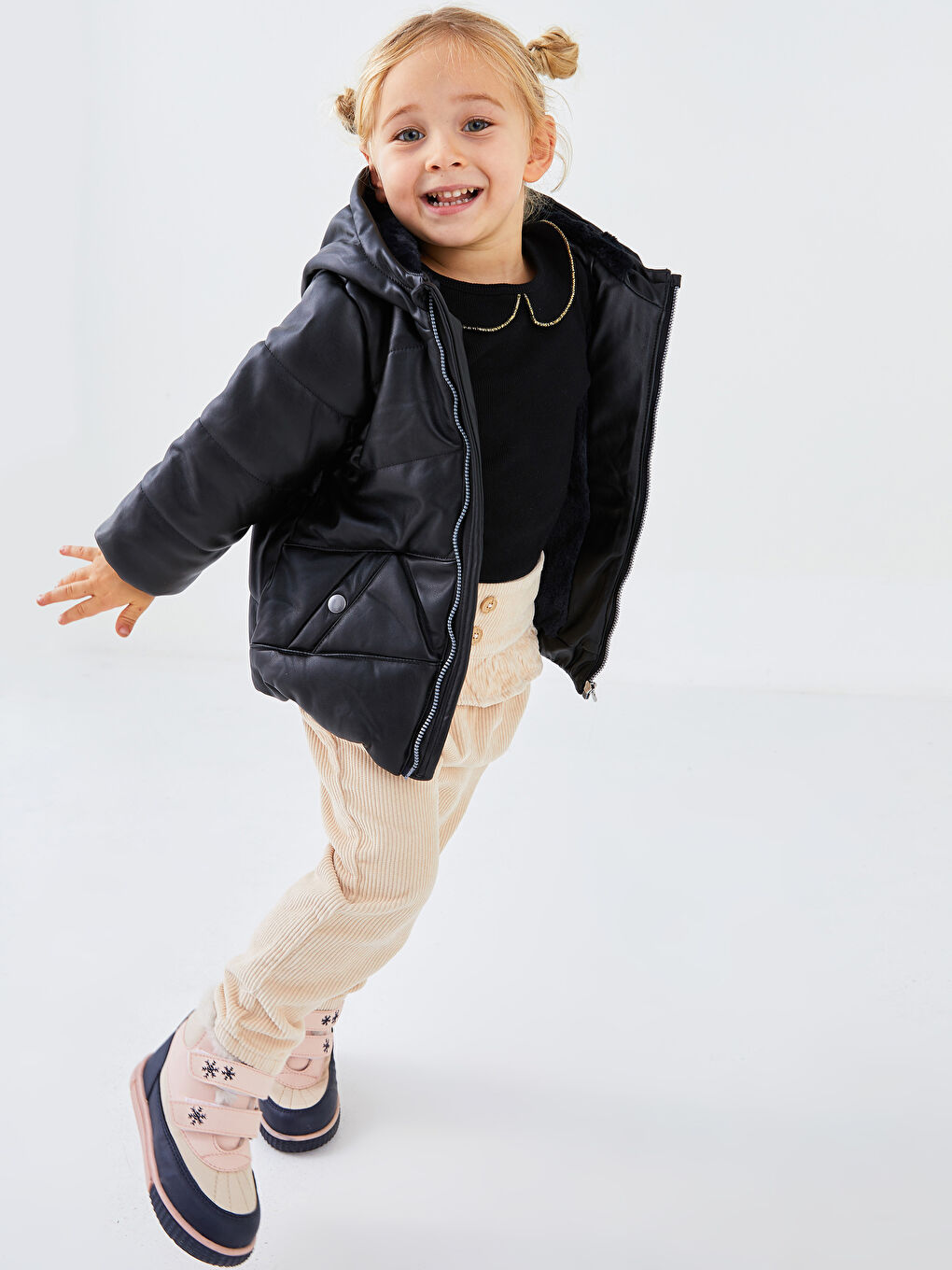 Antrasit Kapüşonlu Uzun Kollu Basic Kız Bebek Fermuarlı Şişme Mont