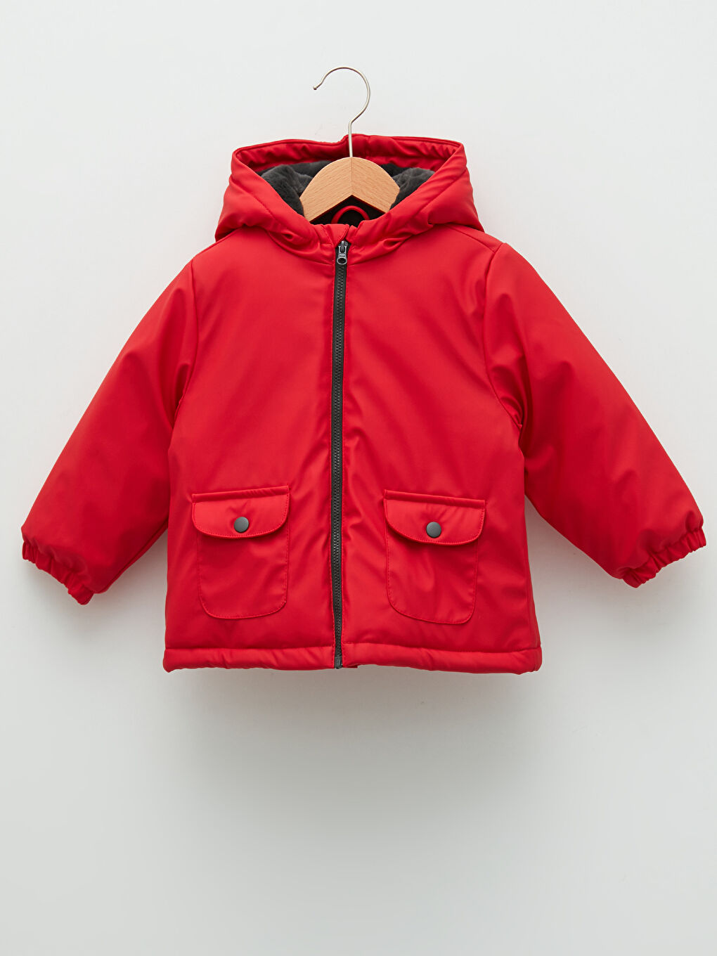 Kırmızı Kapüşonlu Uzun Kollu Kız Bebek Fermuarlı Mont