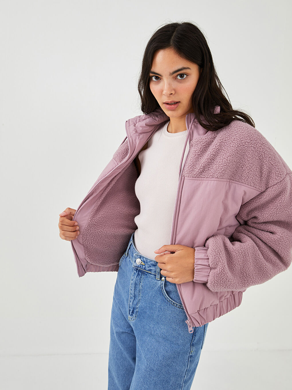 Stand Collar Long Sleeved Straight Pocket Detailed Women's Coat-2