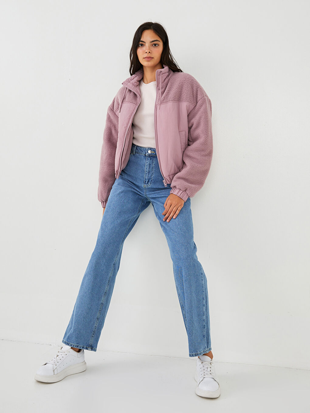 Stand Collar Long Sleeved Straight Pocket Detailed Women's Coat-4