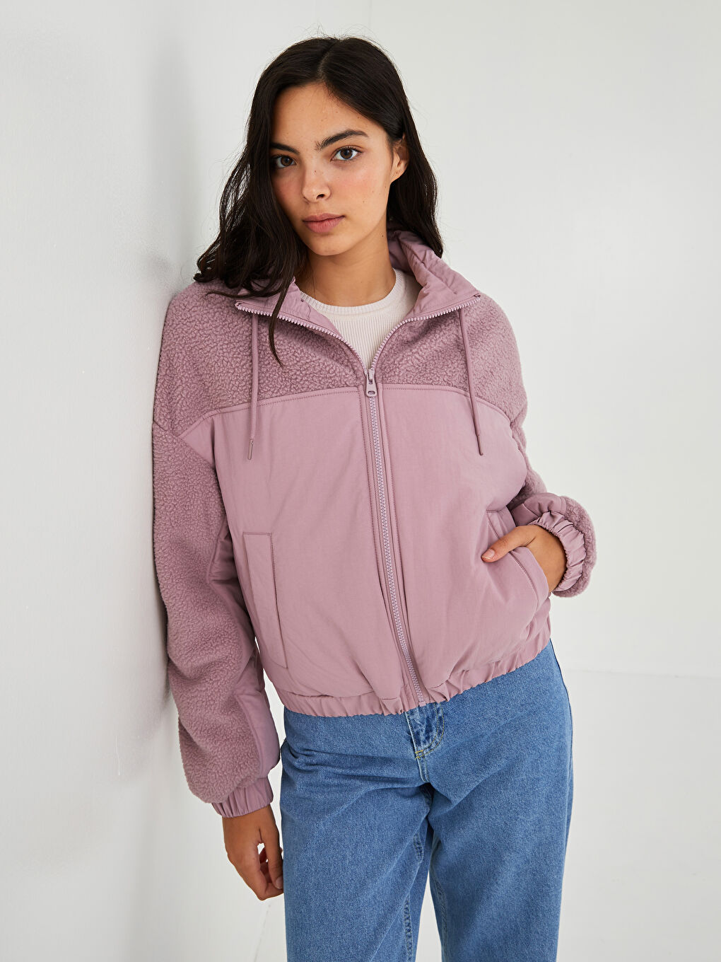 Stand Collar Long Sleeved Straight Pocket Detailed Women's Coat-1