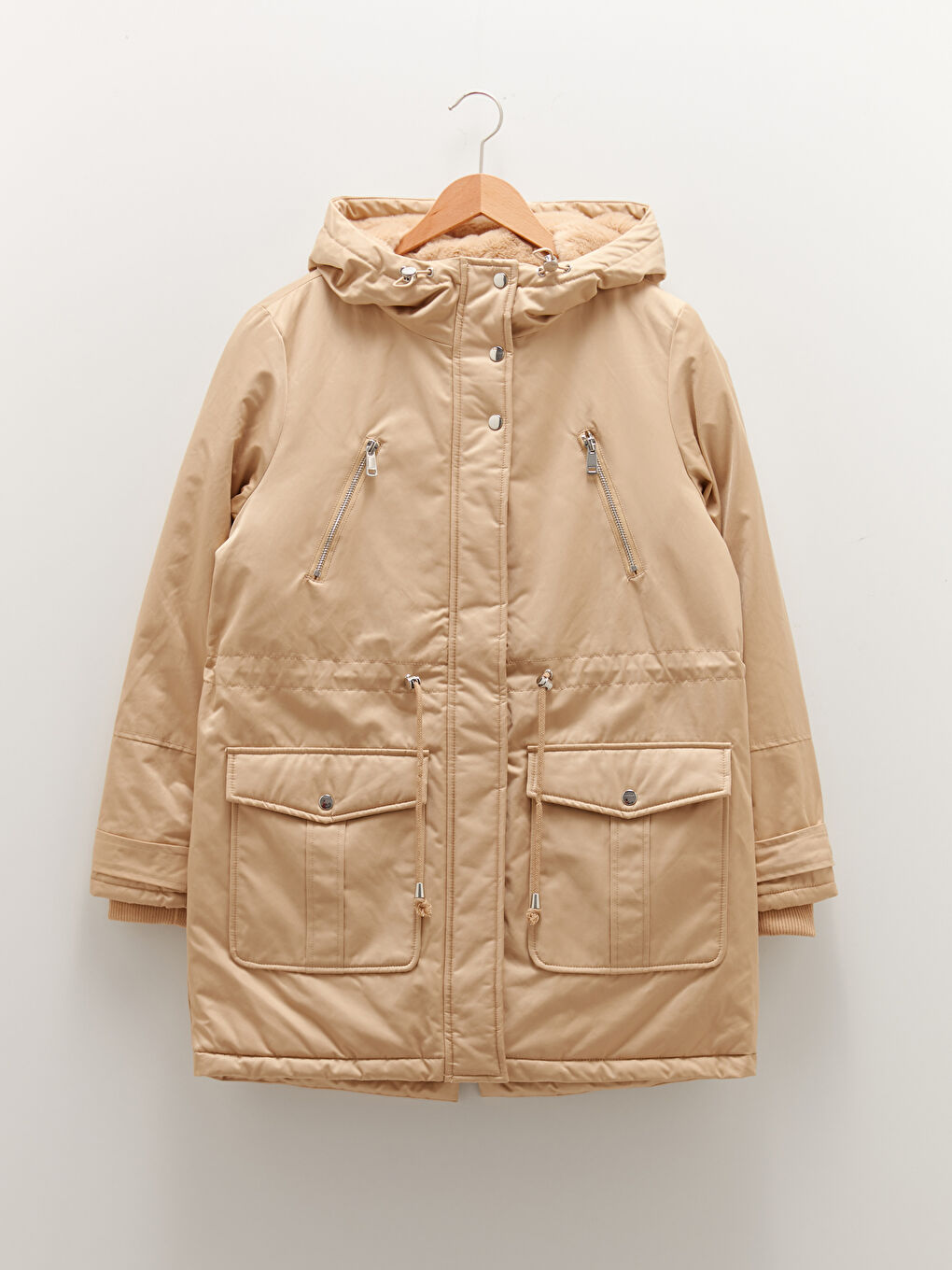 Hooded Plain Pocket Detailed Long Sleeve Thick Women's Parka-5