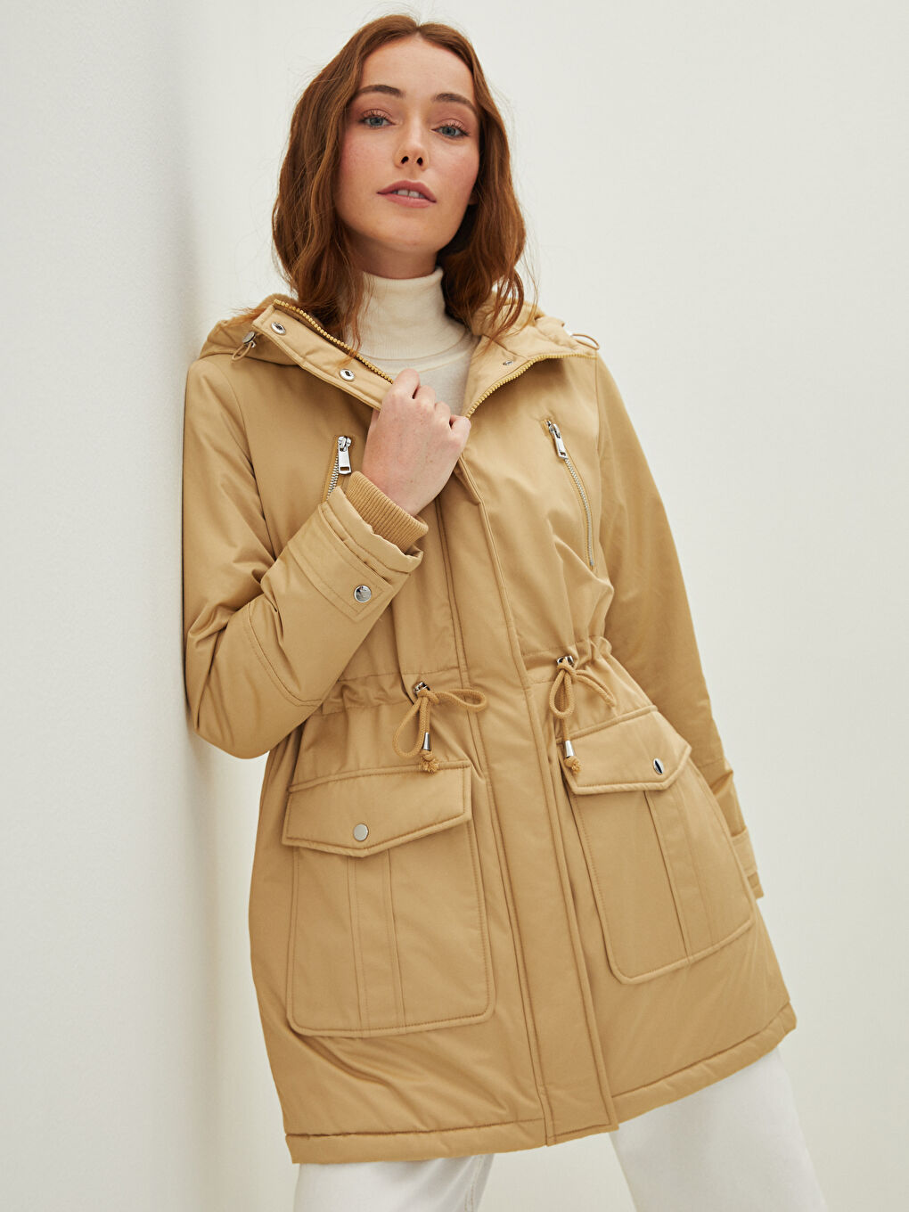 Hooded Plain Pocket Detailed Long Sleeve Thick Women's Parka-2