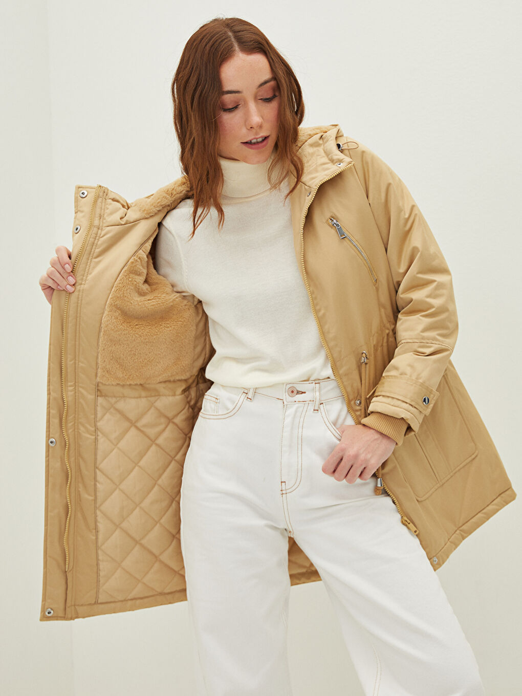 Hooded Plain Pocket Detailed Long Sleeve Thick Women's Parka-3