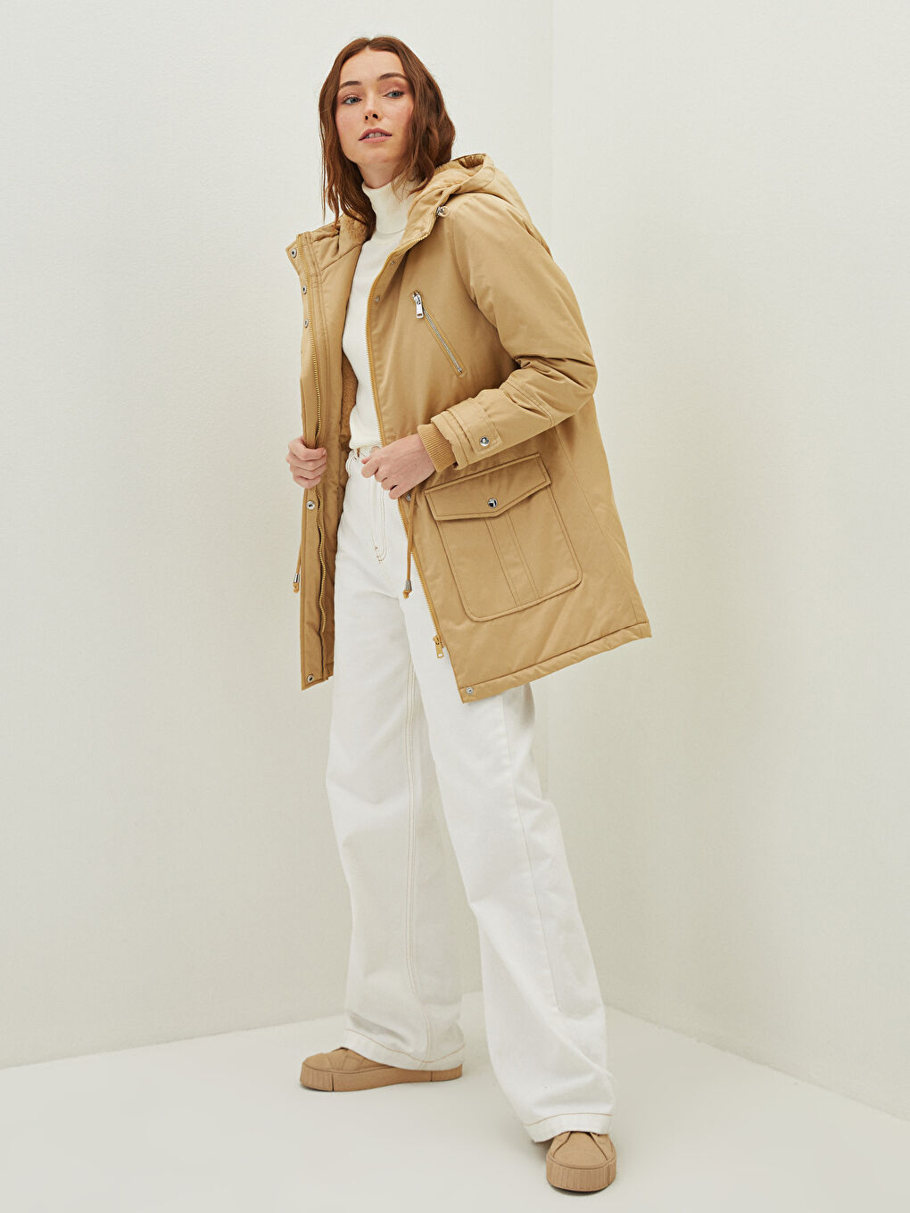 Hooded Plain Pocket Detailed Long Sleeve Thick Women's Parka