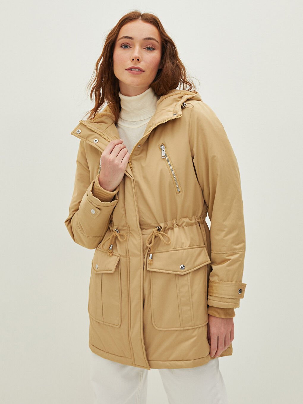 Hooded Plain Pocket Detailed Long Sleeve Thick Women's Parka-1