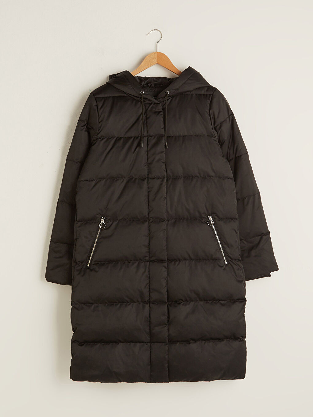 Әйелдерге арналған капюшонды өрнексіз ұзын жең қалың пуховик пальто-5