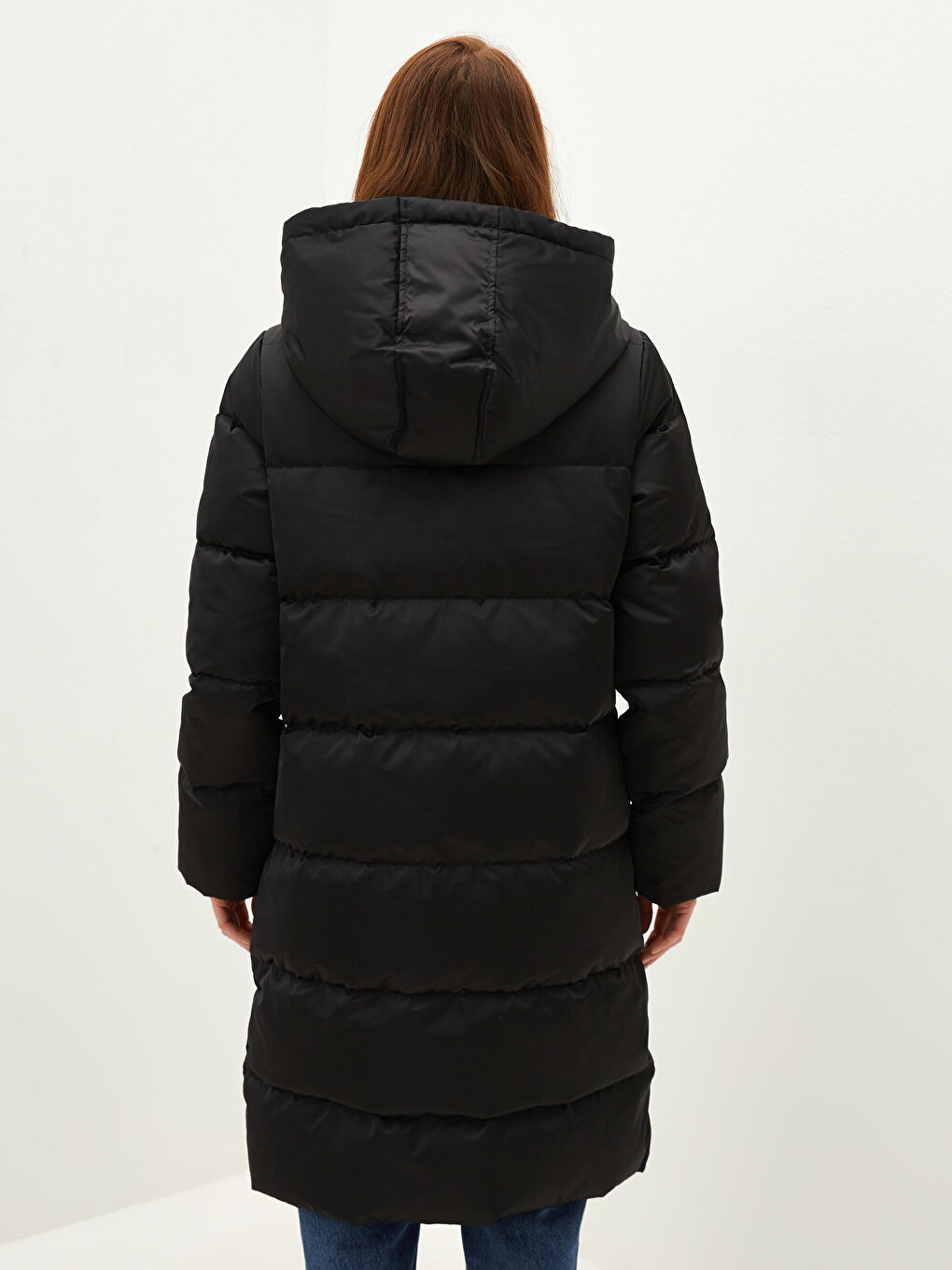 Әйелдерге арналған капюшонды өрнексіз ұзын жең қалың пуховик пальто-3