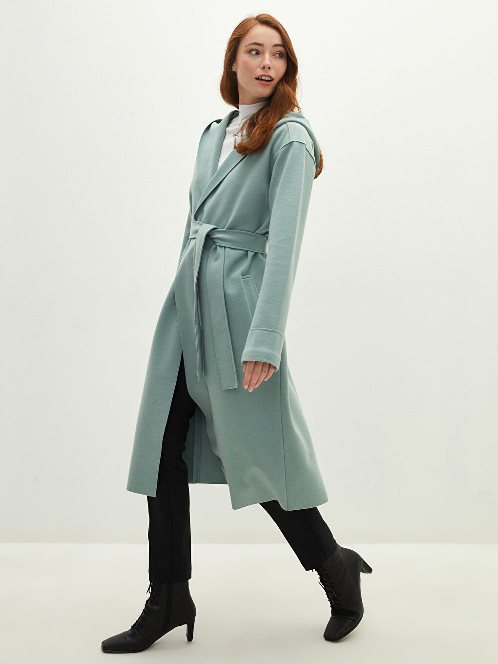 Hooded Straight Pocket Detailed Long Sleeve Women's Cachet Coat-5