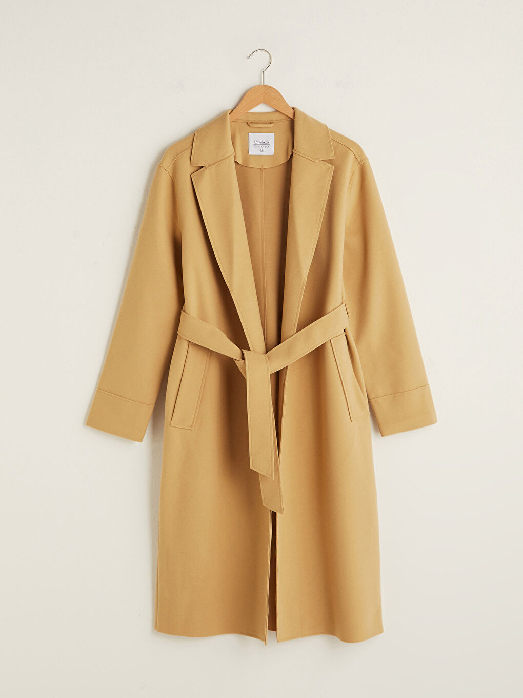 Jacket Collar Waist Belt Pocket Detailed Long Sleeve Women's Cachet Coat-5