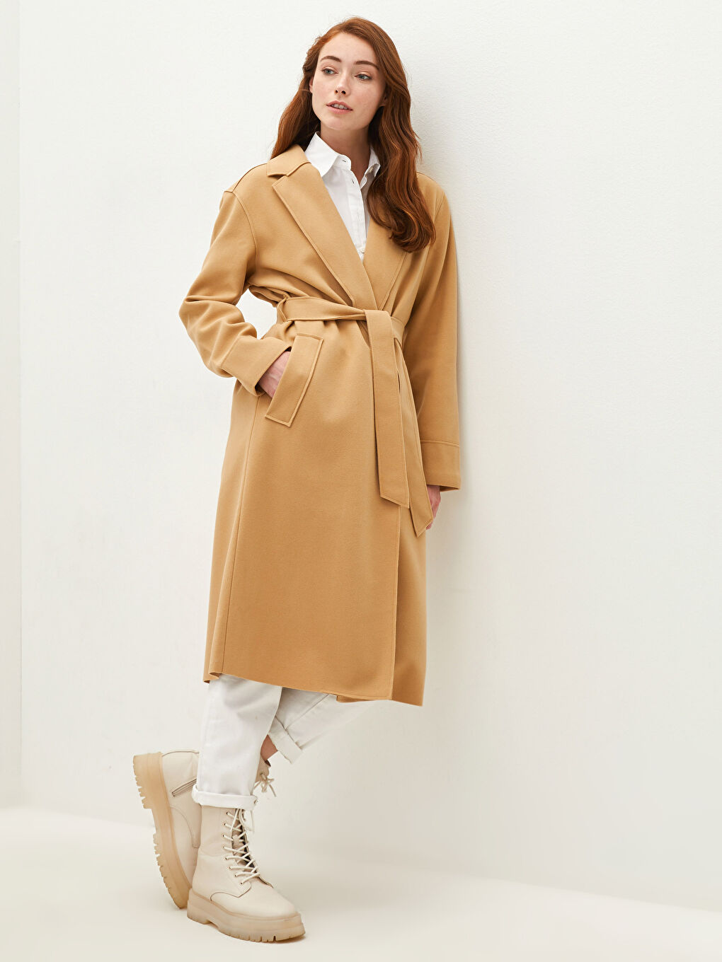 Jacket Collar Waist Belt Pocket Detailed Long Sleeve Women's Cachet Coat-1