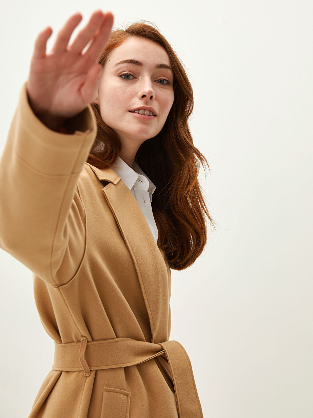 Jacket Collar Waist Belt Pocket Detailed Long Sleeve Women's Cachet Coat-2