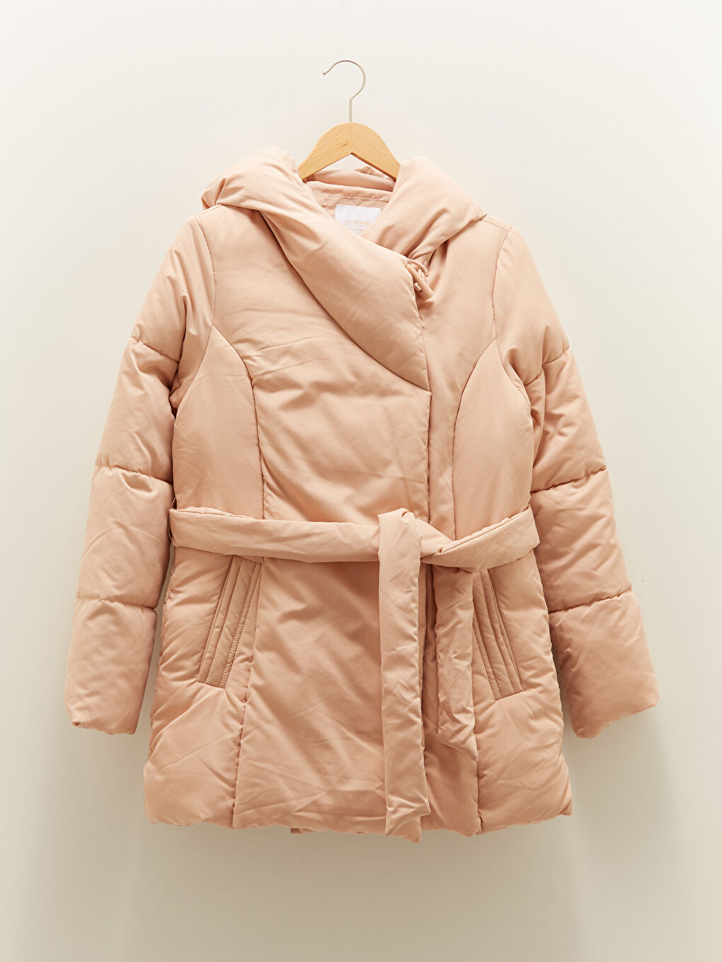Women's Down Jacket With Hood Collar Waist Belt Long Sleeve-5