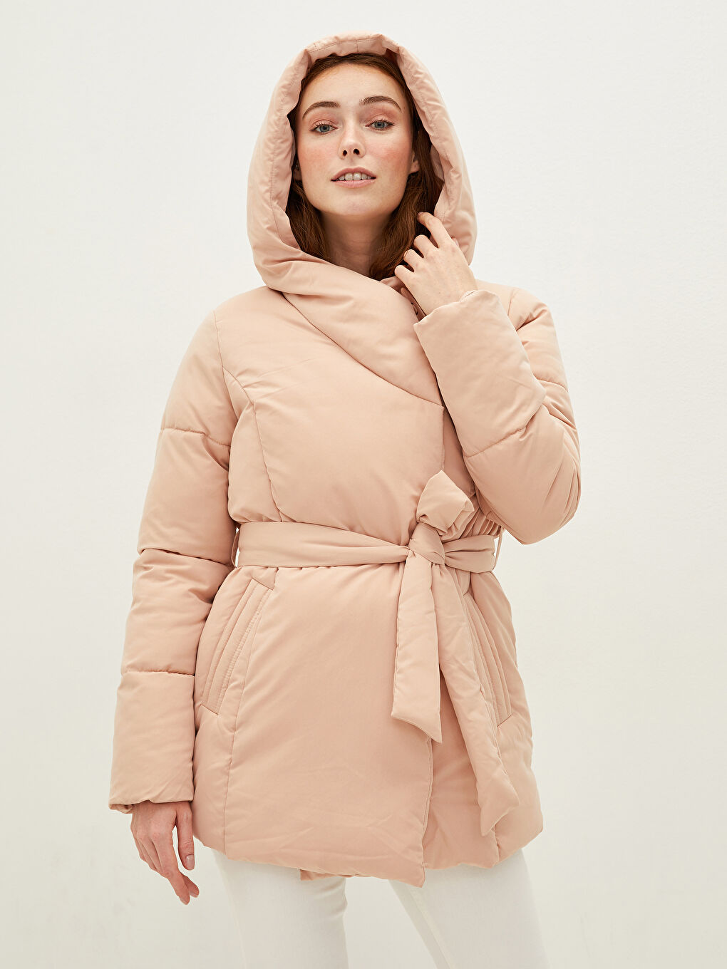 Women's Down Jacket With Hood Collar Waist Belt Long Sleeve-2
