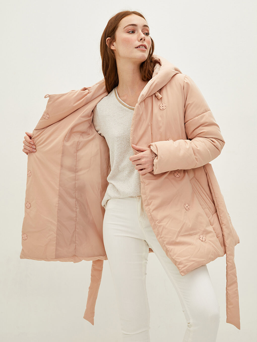 Women's Down Jacket With Hood Collar Waist Belt Long Sleeve-3