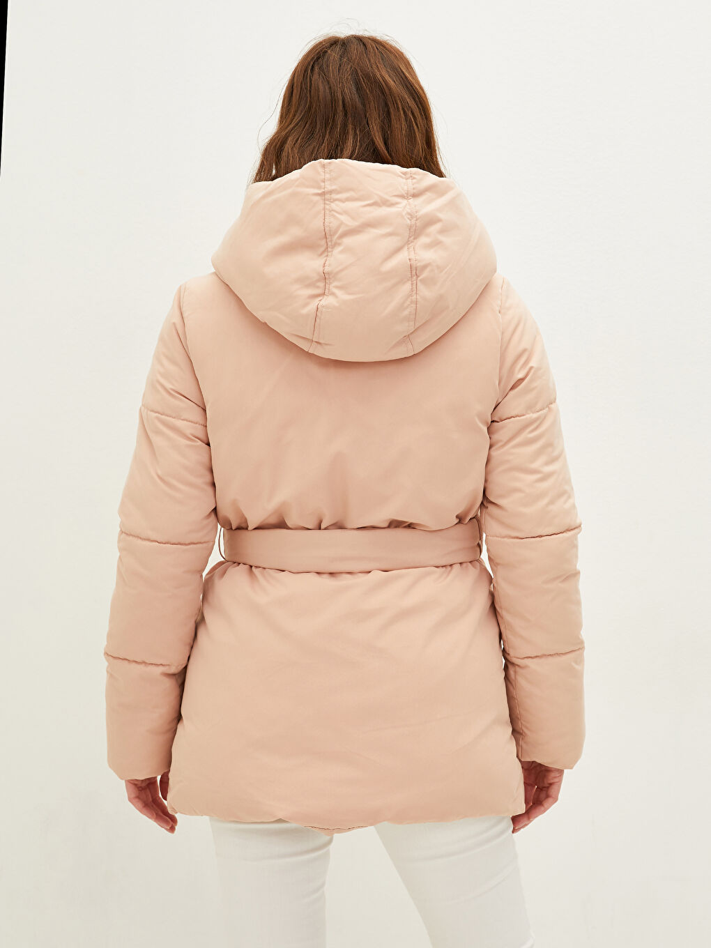 Women's Down Jacket With Hood Collar Waist Belt Long Sleeve-4