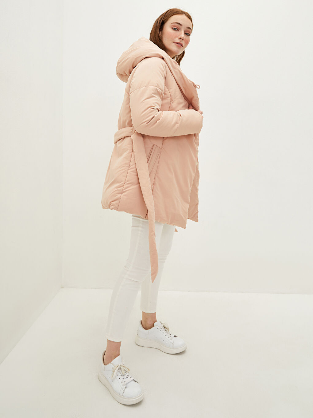 Women's Down Jacket With Hood Collar Waist Belt Long Sleeve-1