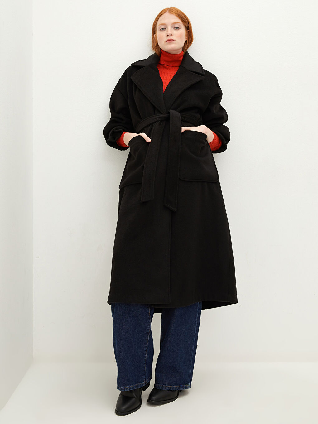 LCW Vision Mantel Cachet für Damen mit Jackenkragen, Taillengürtel und Taschen, lange Ärmel -W10555Z8-CVL