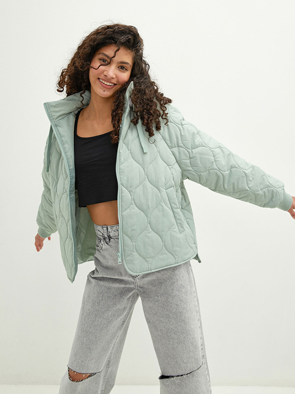 Women's Hooded Self-Patterned Long Sleeve Down Coat-1