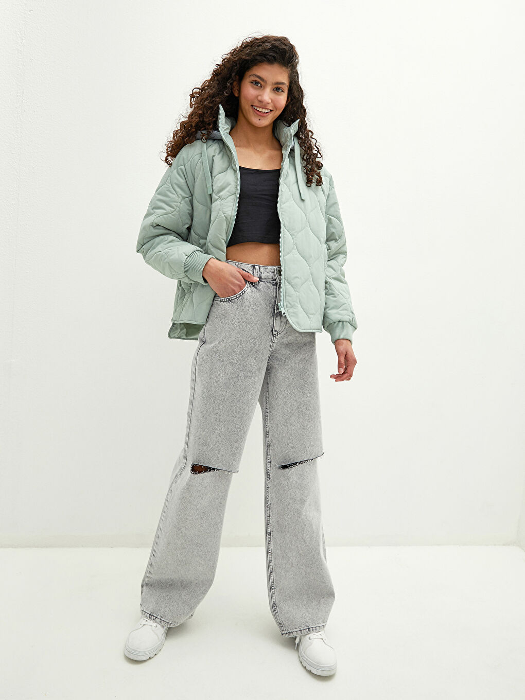 Women's Hooded Self-Patterned Long Sleeve Down Coat-3