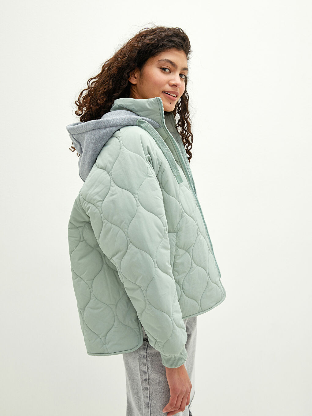 Women's Hooded Self-Patterned Long Sleeve Down Coat-5