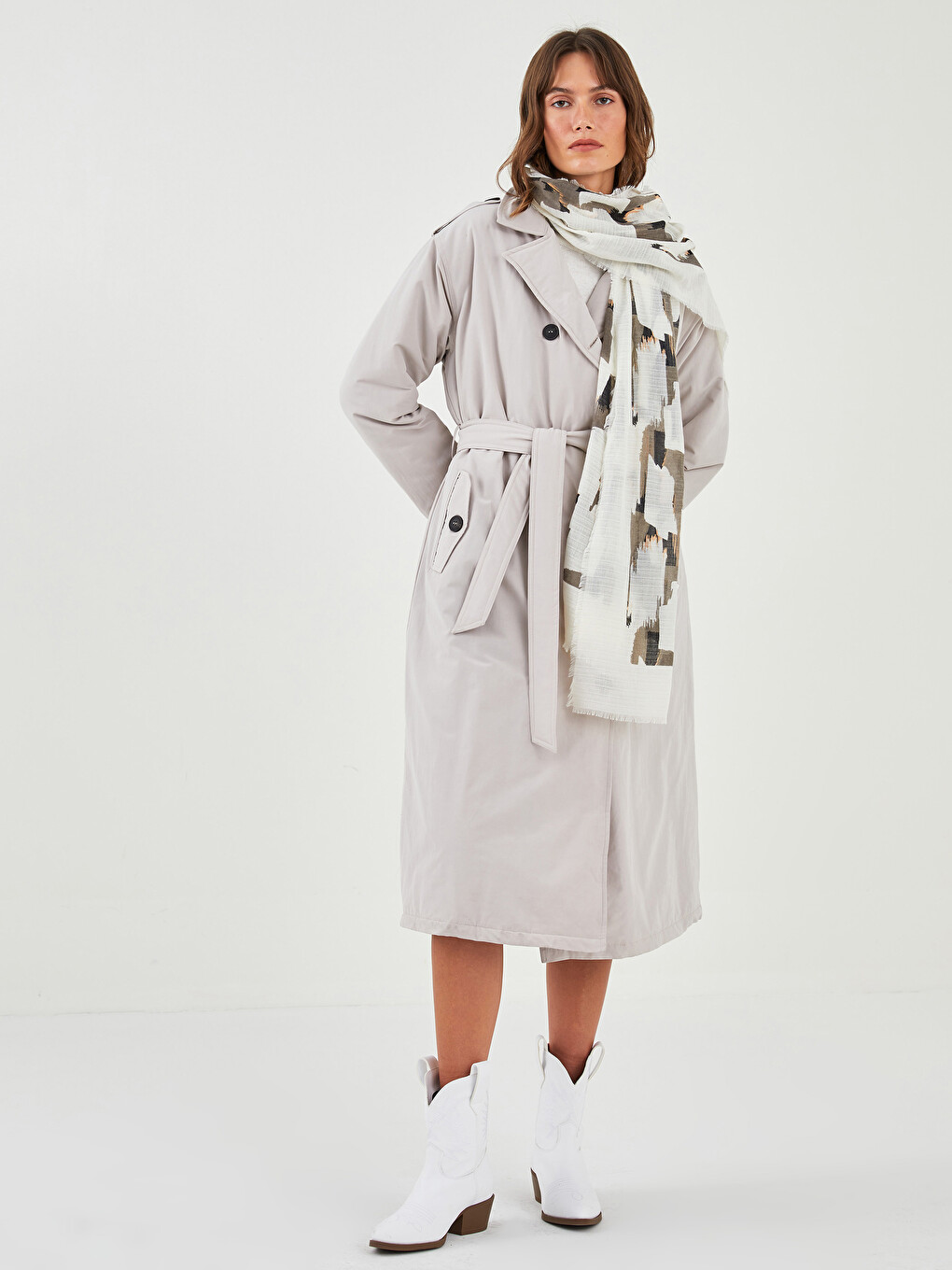 Jacket Collar Straight Long Sleeve Waist Belted Women's Trench Coat-1